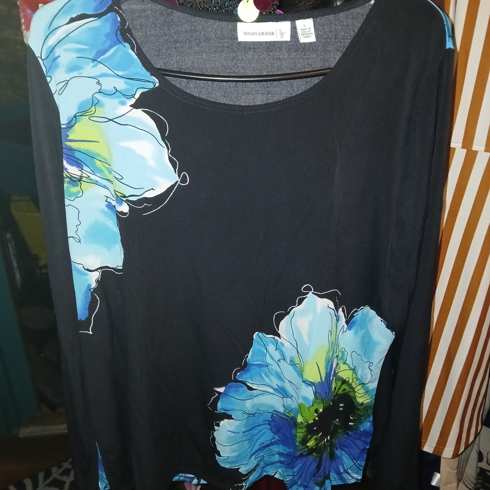 2 Susan Graver Black and Blue Floral And Yellow Long Sleeve Tops